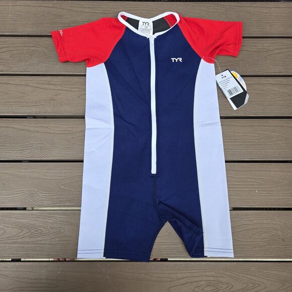 TYR Boys Girls Solid Thermal Swim Suit Zip up Red Blue White Size 7/8 New - Picture 1 of 4